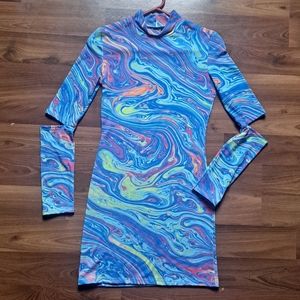 Long Sleeve Bright Psychedelic Neon print UV light bodycon Mini dress